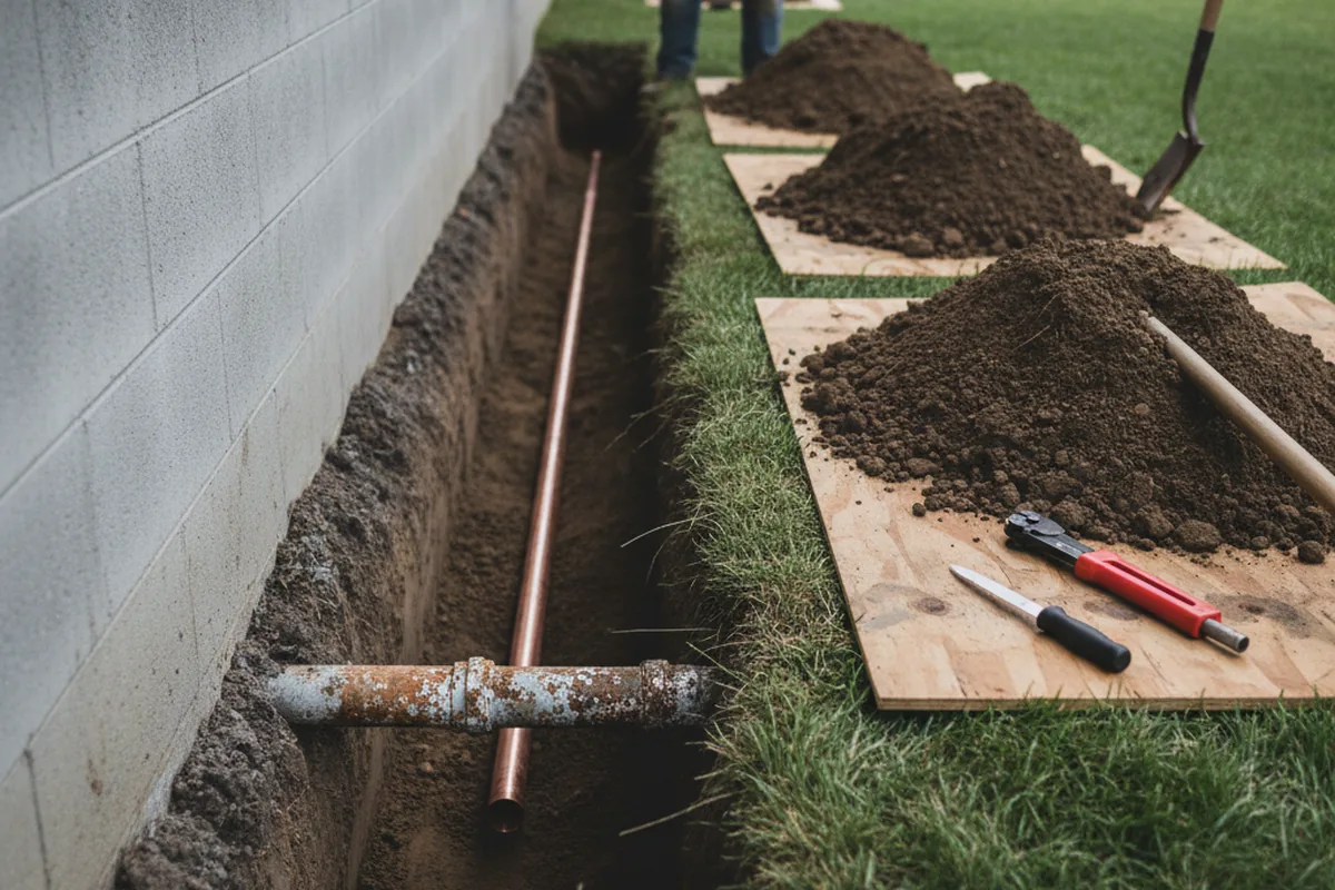 Excavated water line trench during Sewer Line Repair in Weymouth